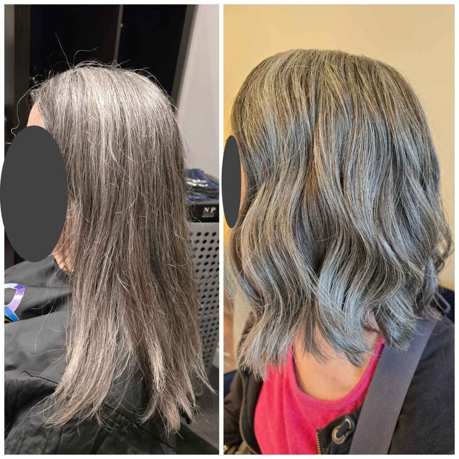 before and after hair transformation showing natural gray growth updated to a styled textured ash gray lob with soft waves at silhouette spa